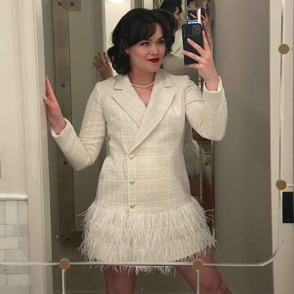 Mini Wedding Dress: Feather Trimmed Sparkle Boucle Tux Dress